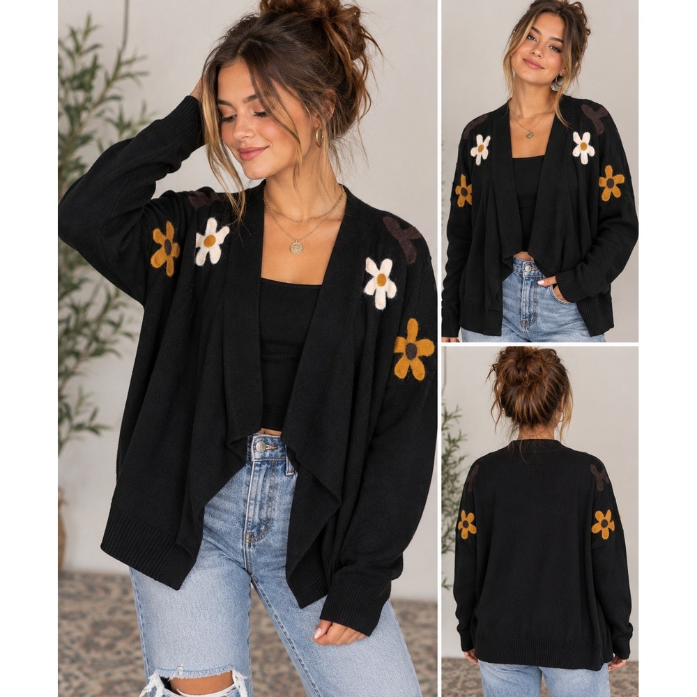 Aaeda Boho Black Floral Needle Felted Draped Open Front Cardigan Sweater XL
